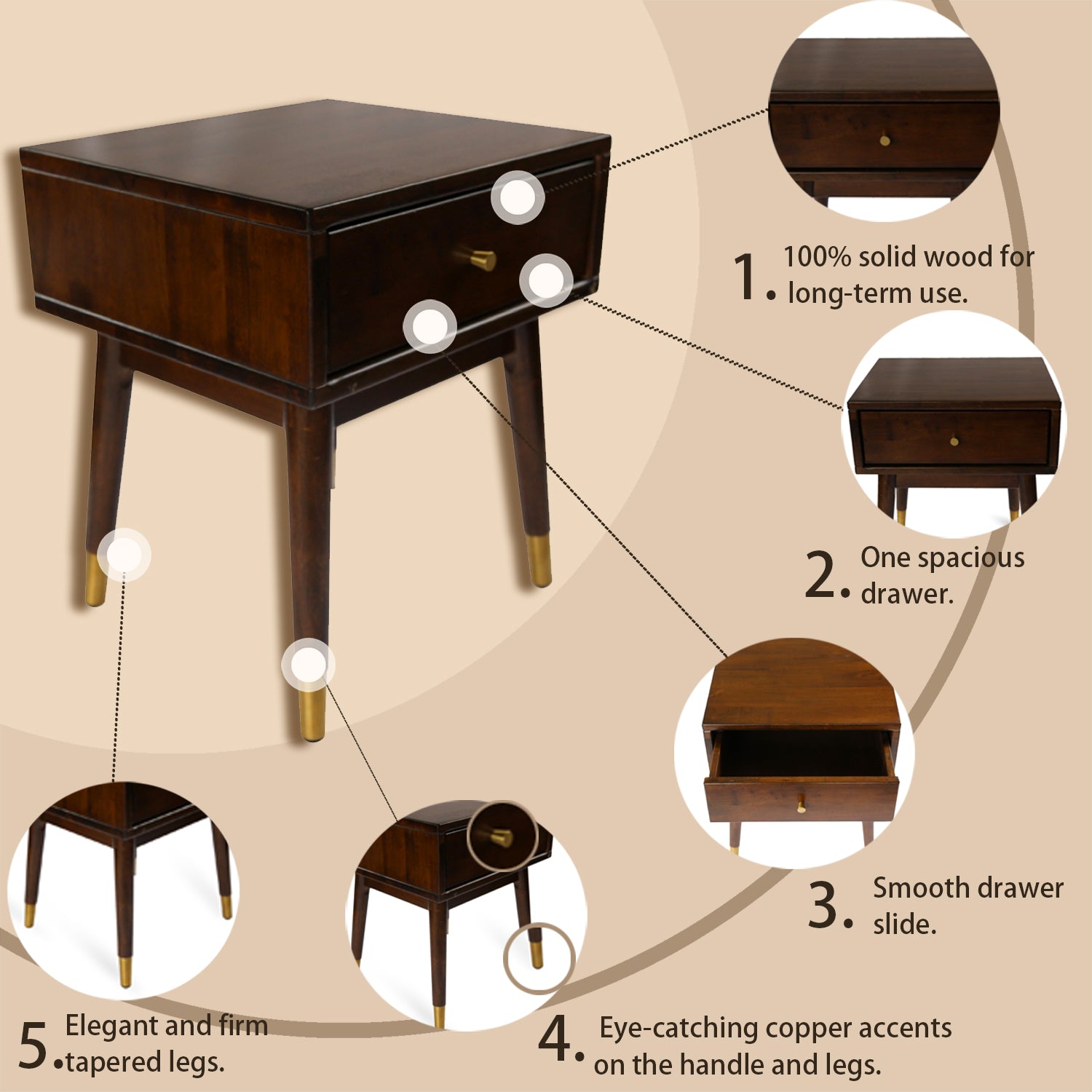 MacLuu Mid Century Modern Solid Wood 1-Drawer Nightstand with Copper Decor