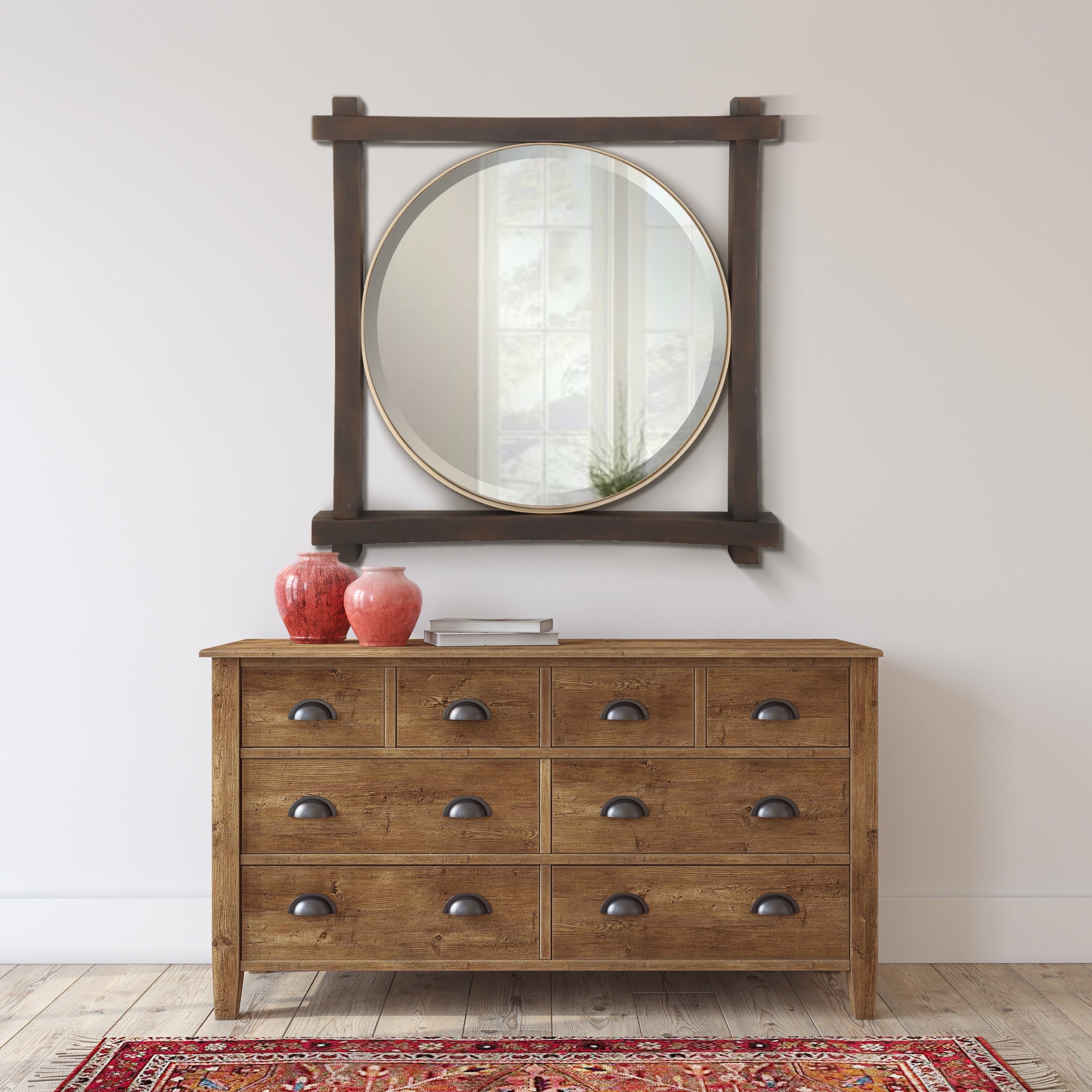 MacLuu Rustic Square Double Layer Wood and Metal Frame Wall Mirror