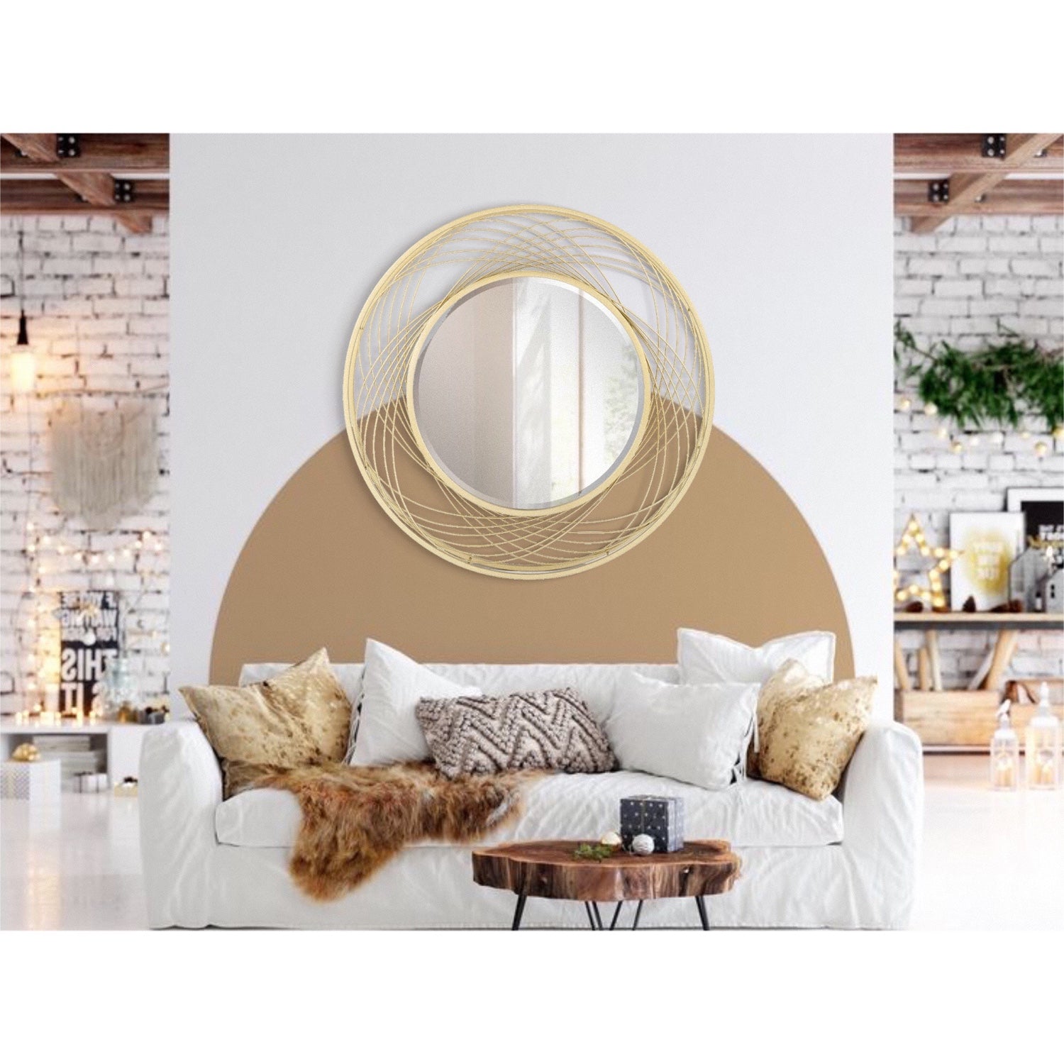 MacLuu Gold Art Round Mirror with Metal Wire Frame