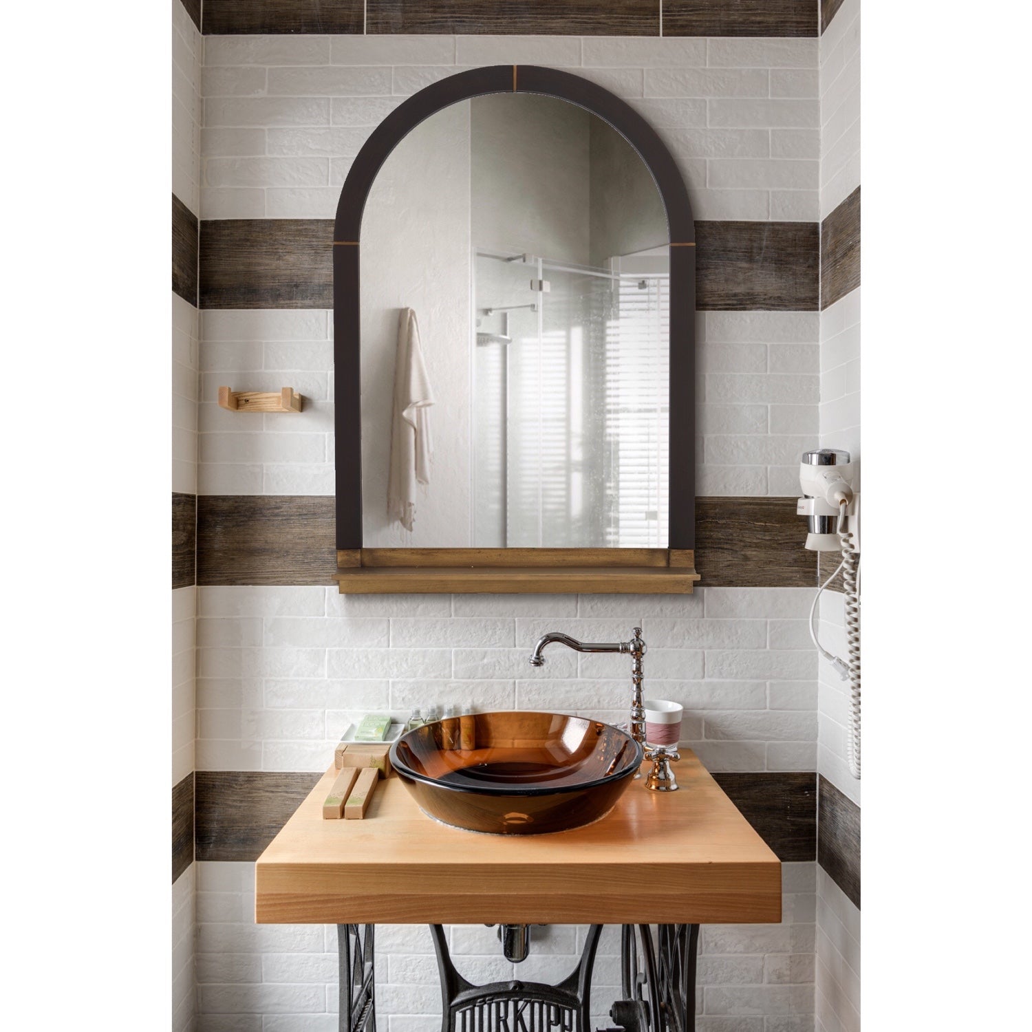 MacLuu Rustic Arch Wood Wall Mirror with Metal Shelf