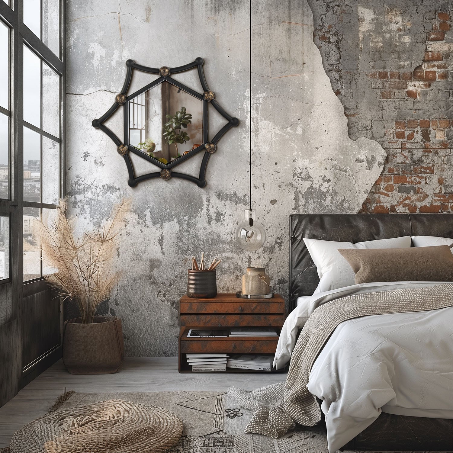 MacLuu Industrial Hexagon Black Metal Pipe Mirror for Wall Decor