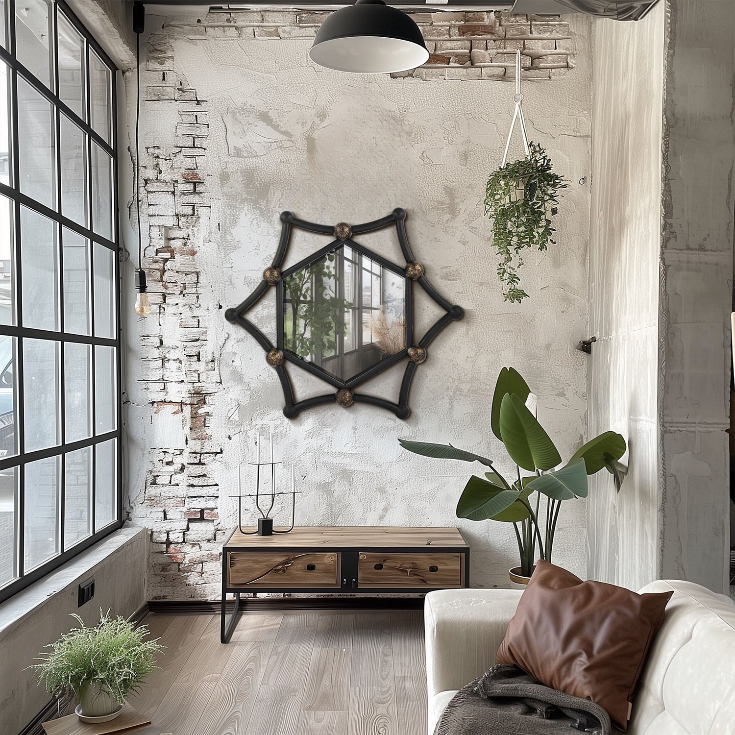 MacLuu Industrial Hexagon Black Metal Pipe Mirror for Wall Decor