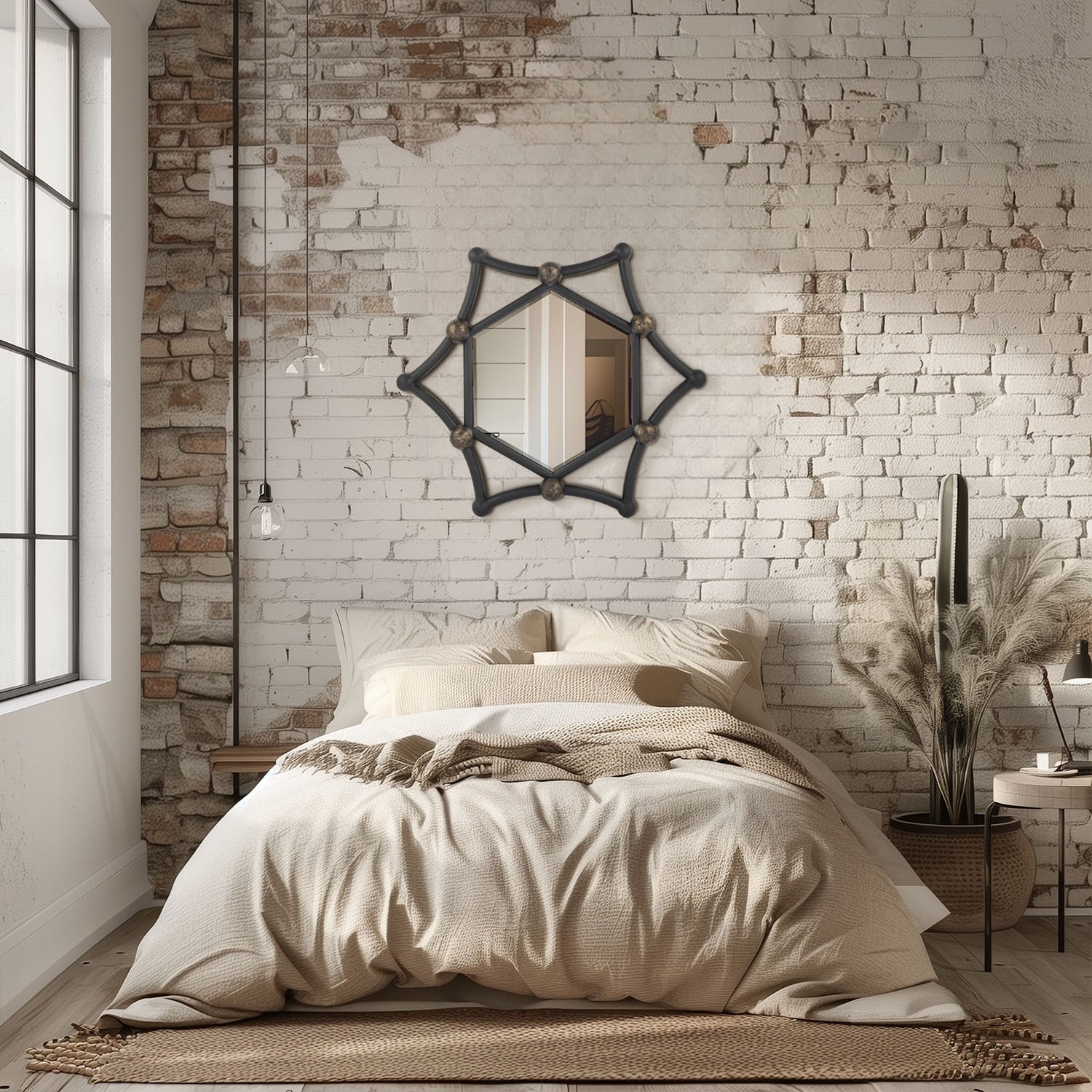 MacLuu Industrial Hexagon Black Metal Pipe Mirror for Wall Decor