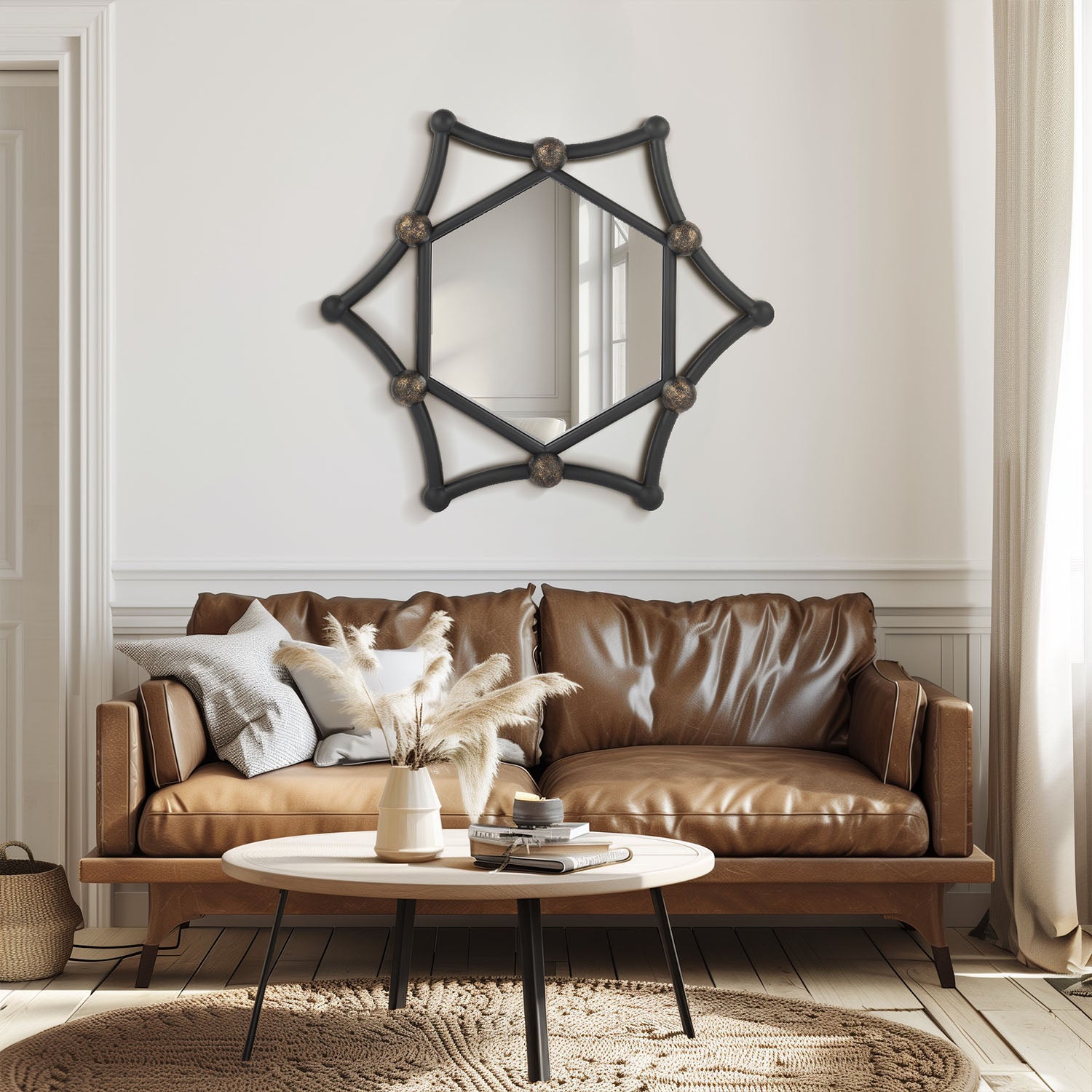 MacLuu Industrial Hexagon Black Metal Pipe Mirror for Wall Decor