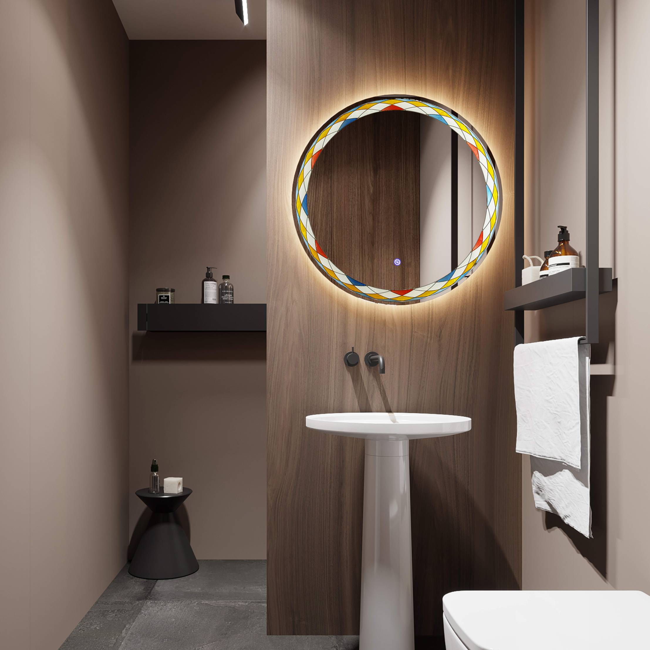 MacLuu Round Glass Wall LED Glazed Faience Mirror