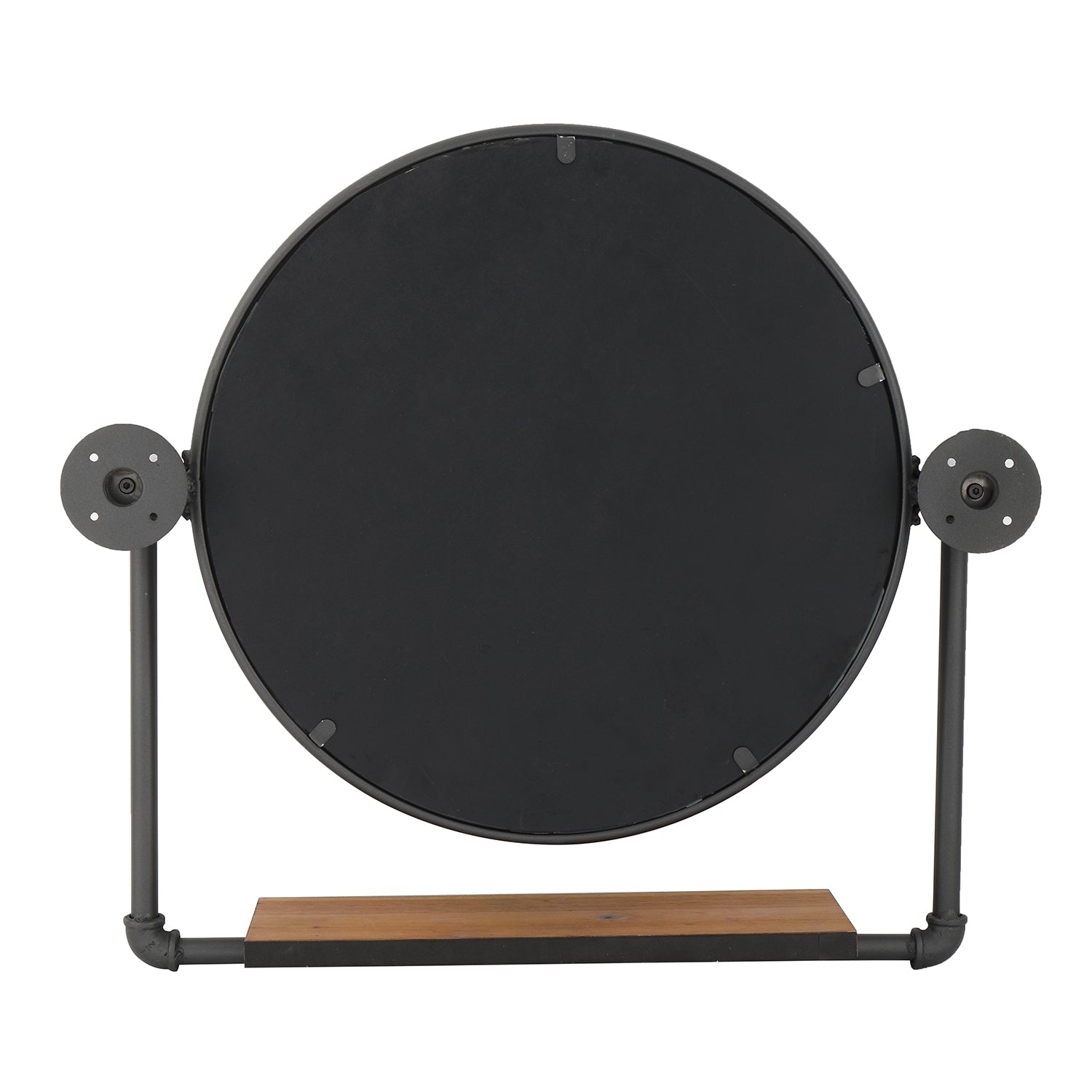 MacLuu Round Industrial Black Metal Pipe Hanging Wall Mirror with Shelf