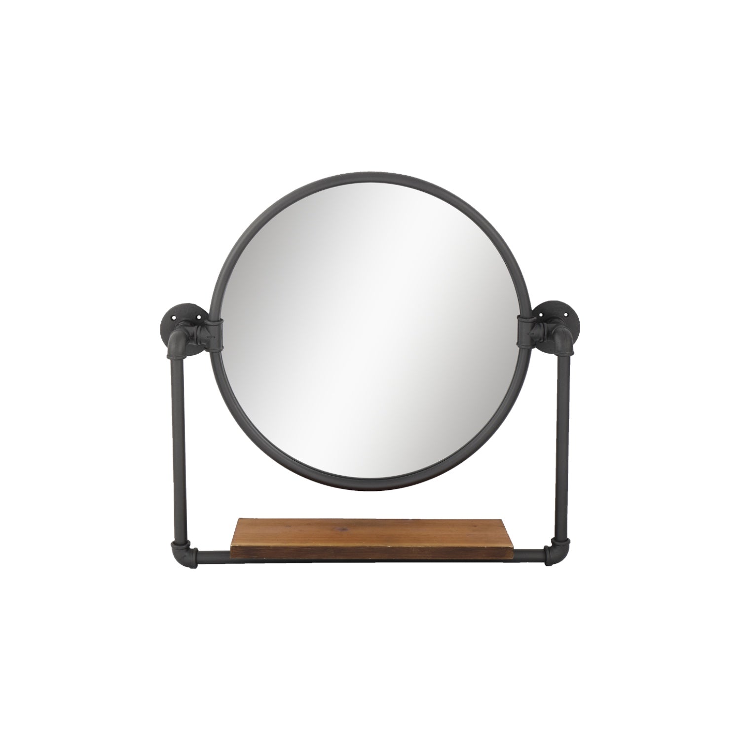 MacLuu Round Industrial Black Metal Pipe Hanging Wall Mirror with Shelf