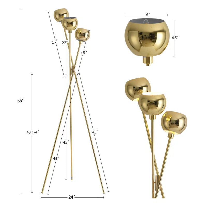 MacLuu 68 Inch Gold Metal Tripod Floor Lamp