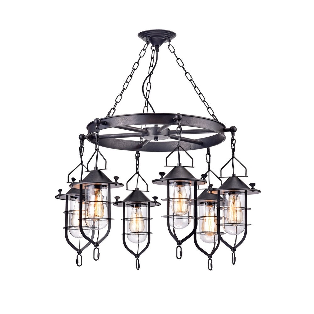 6-Light Shaded Wagon Metal Wheel Chandelier