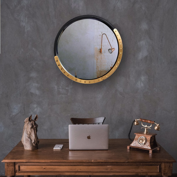 MacLuu Black and Gold Round Industrial Metal Rivet Mirror